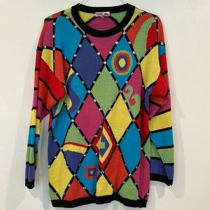 L'eau Vive Vintage 80s 90s Colorful Geometric Sequin Sweater Size Medium